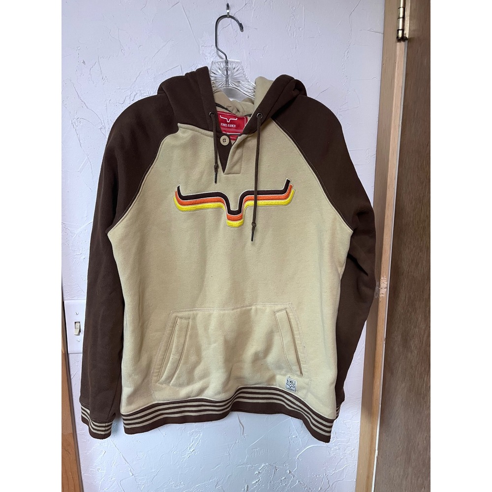 Kimes Ranch Mens Medium Brown Tan Raglan Hoodie Embroidered Logo Henley Pullover